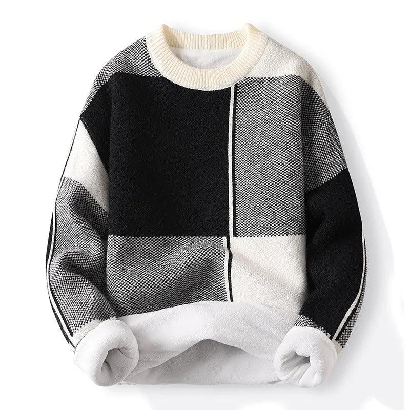 Herre Farveblok Strikket Jumper – Rund Hals, Lange Ærmer - Geometrisk Design