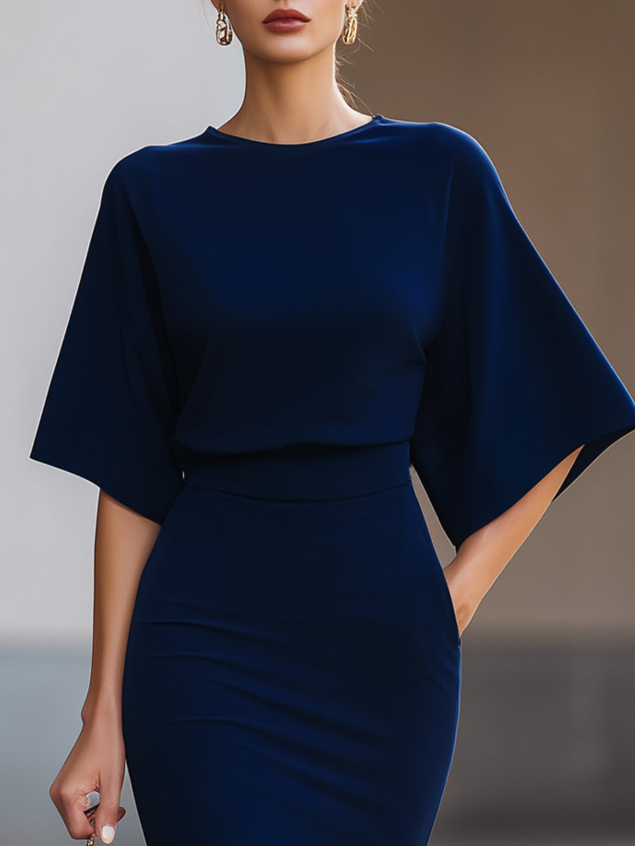 Minimalistisk Navy Batwing Ærme Top & Midi Skirt To-Delt Sæt