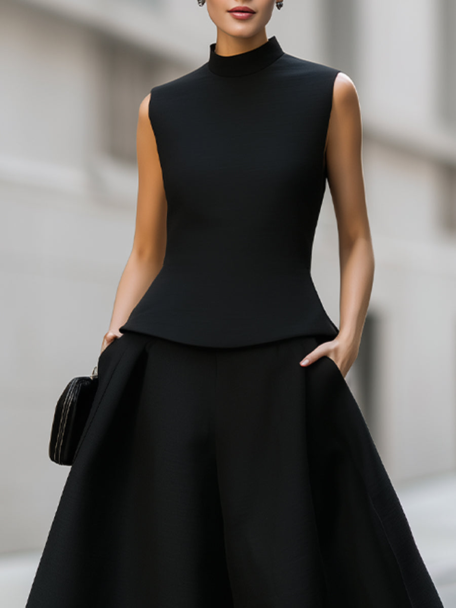 Ærmeløs Mock Neck Top Og A-Line Midi Nederdel Sæt