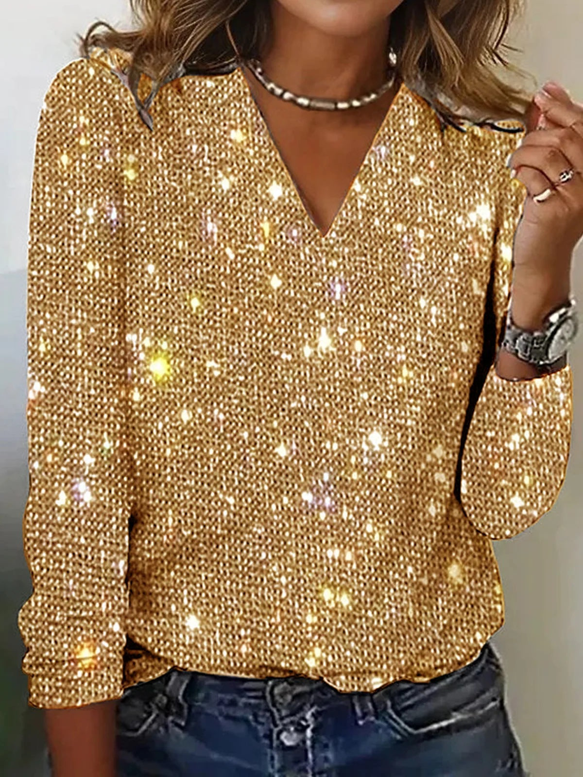 Skjortebluse Dame V-Hals Glitrende Polyester Elegant Casual
