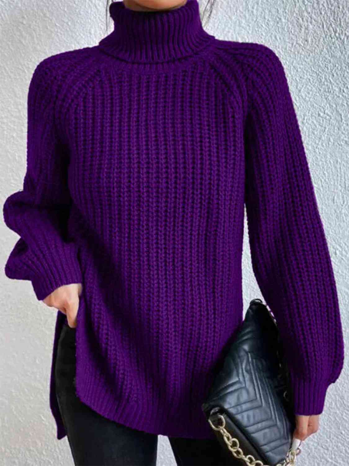 Angela Pull Kvinde – Ribbet Turtleneck Sweater med Chic Side Slids til Elegant Efterår/Vinter