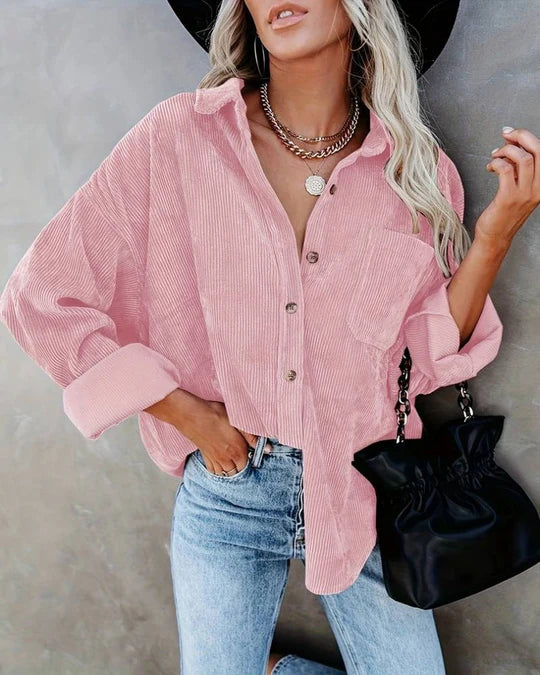 Ainsley Chemise Dame – Casual Vintage Skjorte i Blødt Kordfløjl med Brystlomme