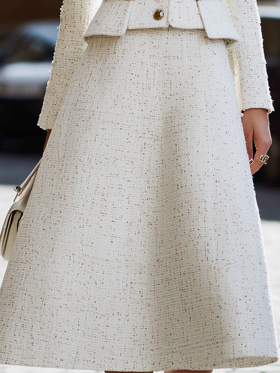 Hvid Tweed Jakke med Fyrkantet Udhulning & A-Line Skirt Sæt