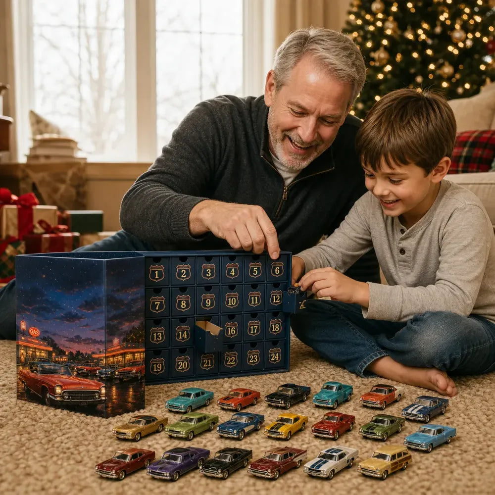 Adventskalender med amerikanska bilar 2026 – 24 klassiska veteranbilar