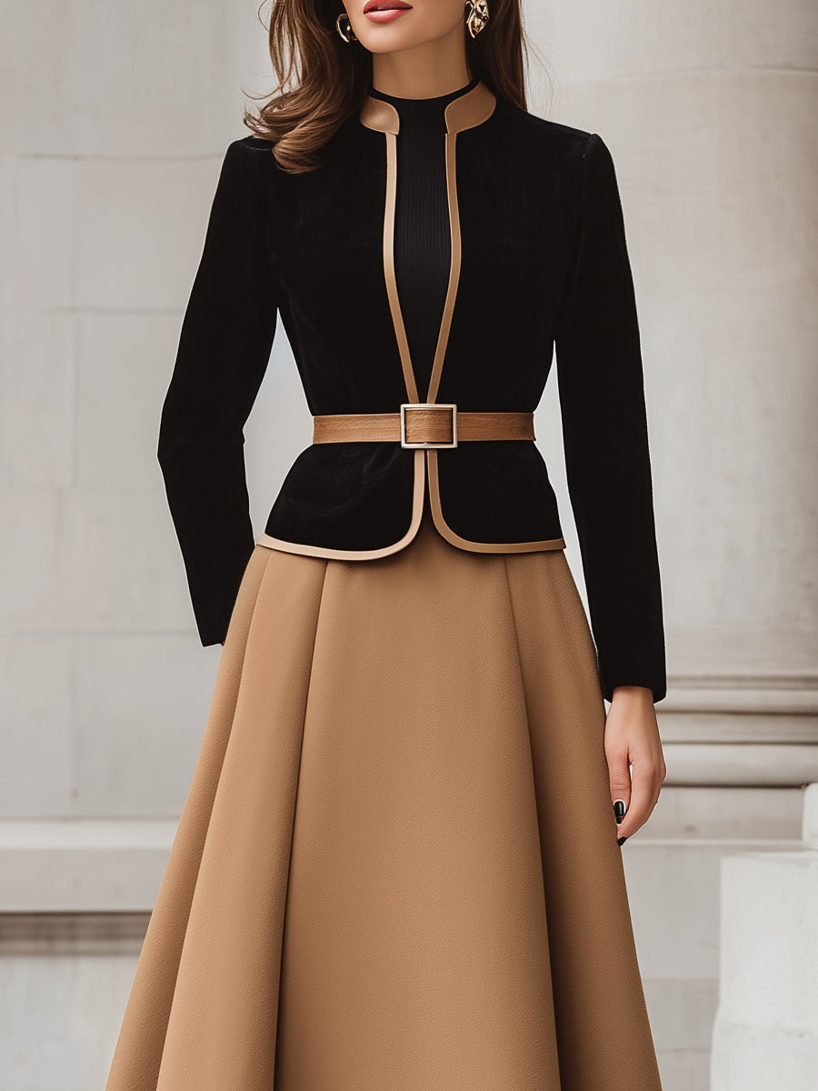 To-farvet Trim Blazer og A-Line Midi Skirt Sæt