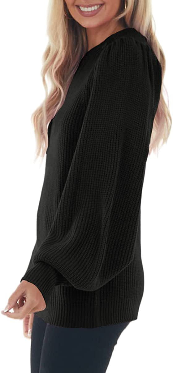 Amely Kvinders Ribbet Strik Sweater – Elegant Sweater med Puffærmer og Rund Hals