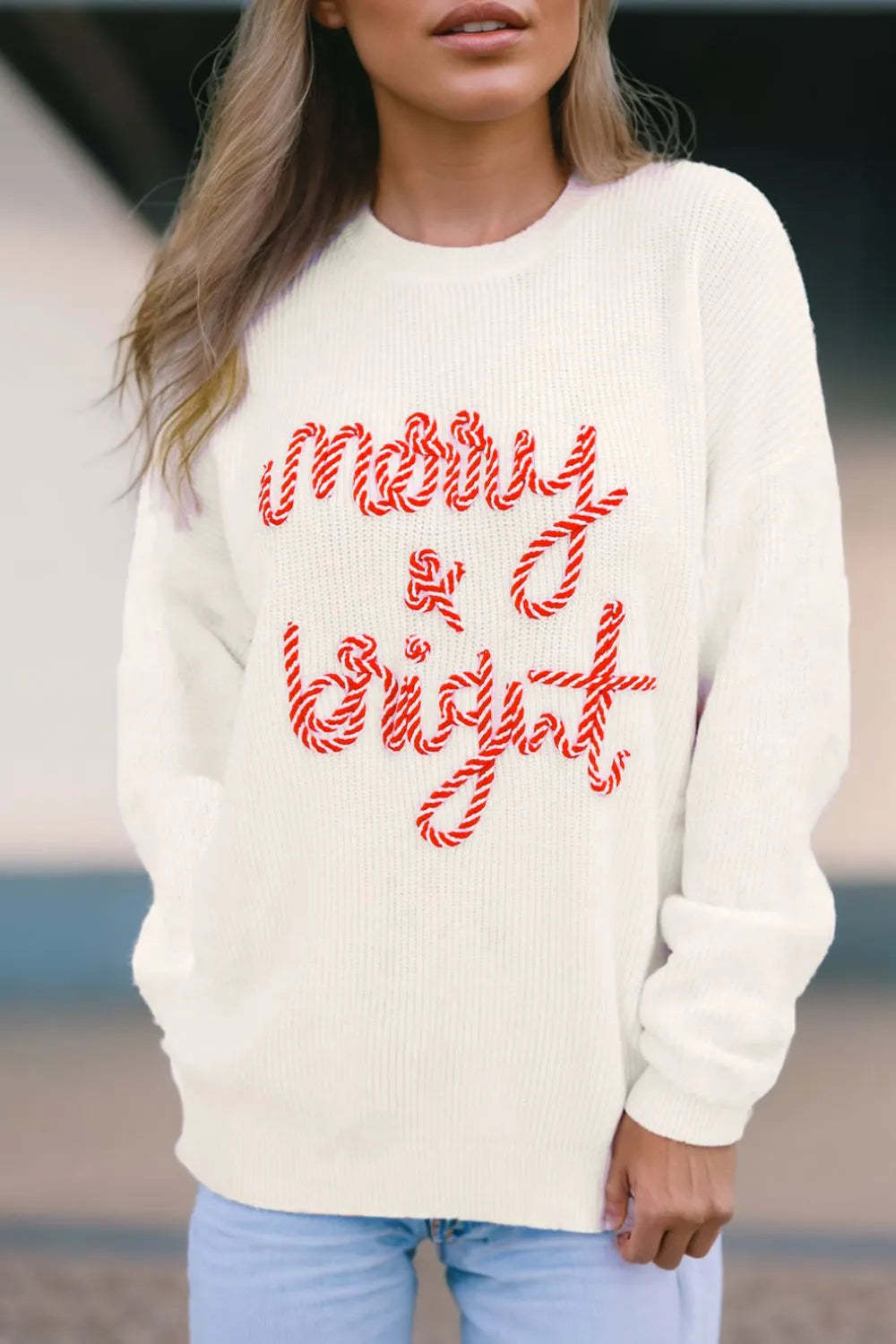Hvid Glad og Lys Candy Cane Bogstav Jul Sweater