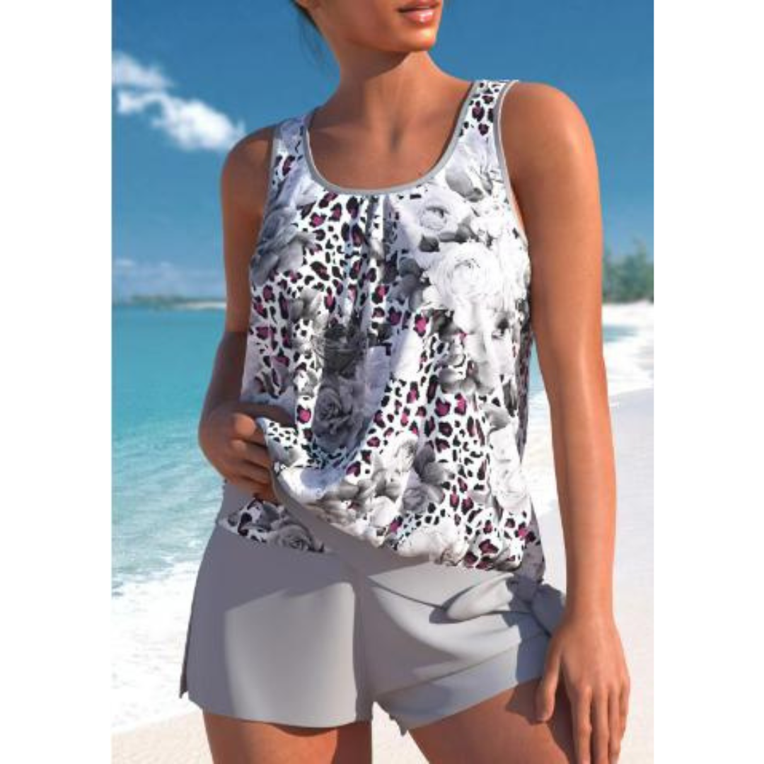 Adalina | To-farvet Tankini-sæt med Blomsterprint til Damer