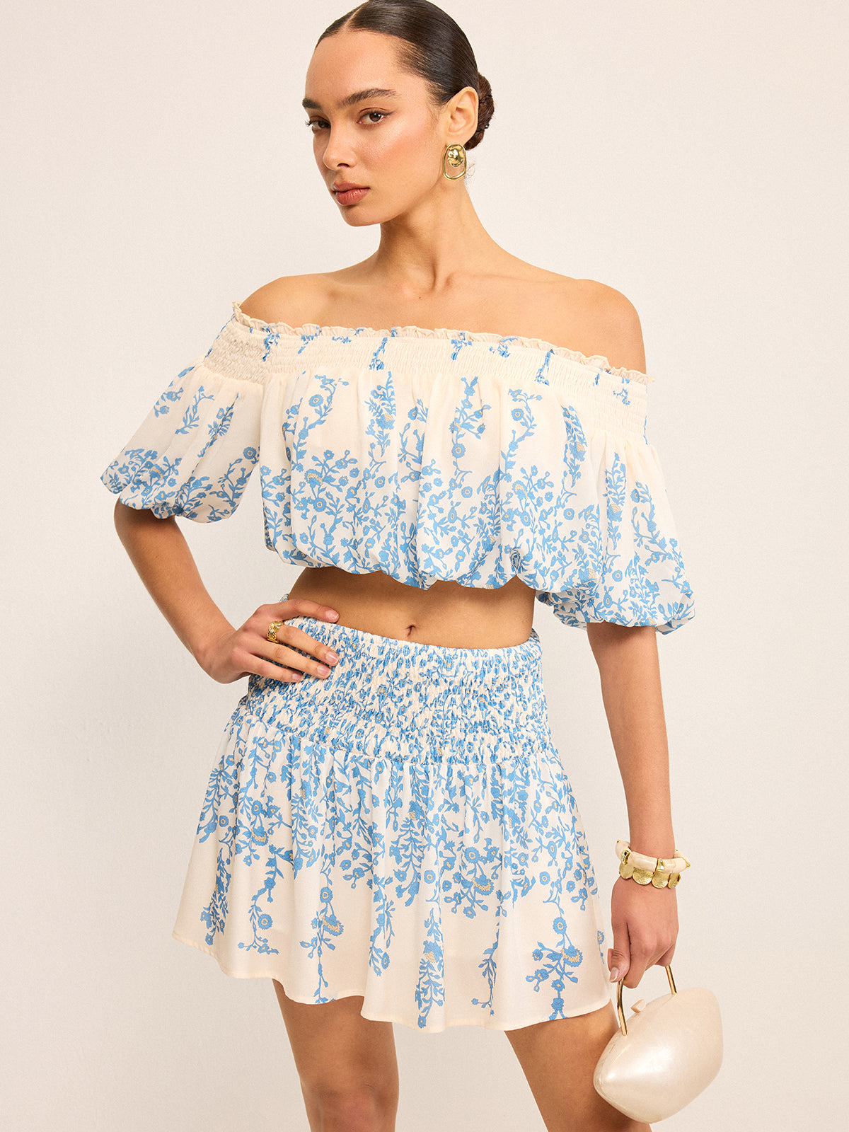 Blomster Off-Shoulder Crop Top og Cinching Skirt Sæt