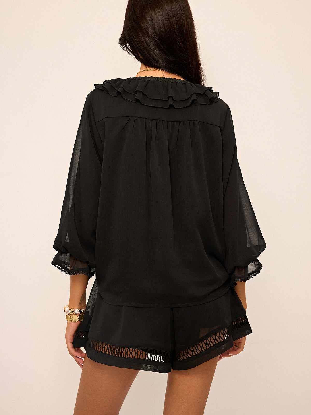 Rynket Knap Chiffon Top og Shorts Sæt