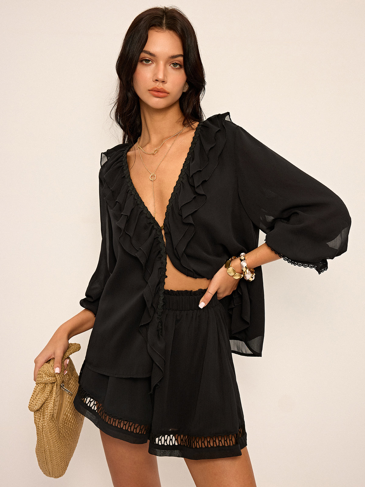 Rynket Knap Chiffon Top og Shorts Sæt