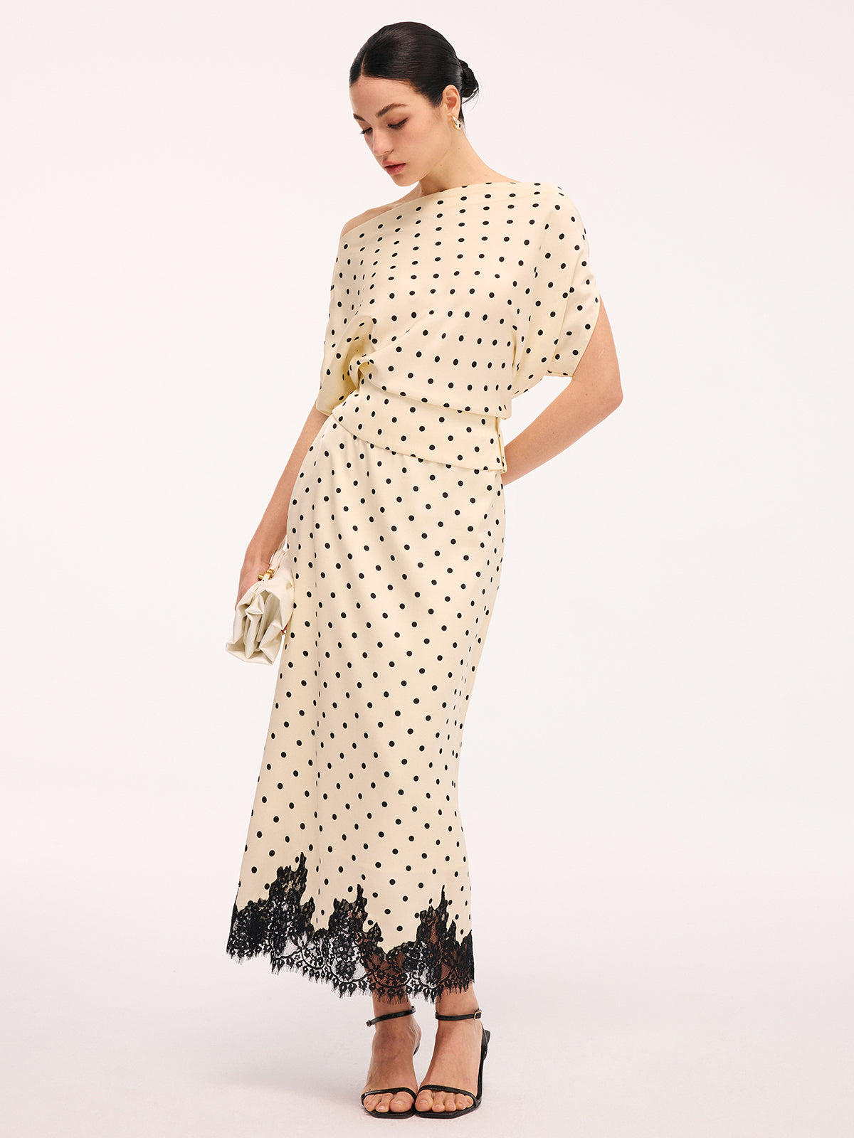 Polka Dot Top & Blondekant Midi Skirt Sæt