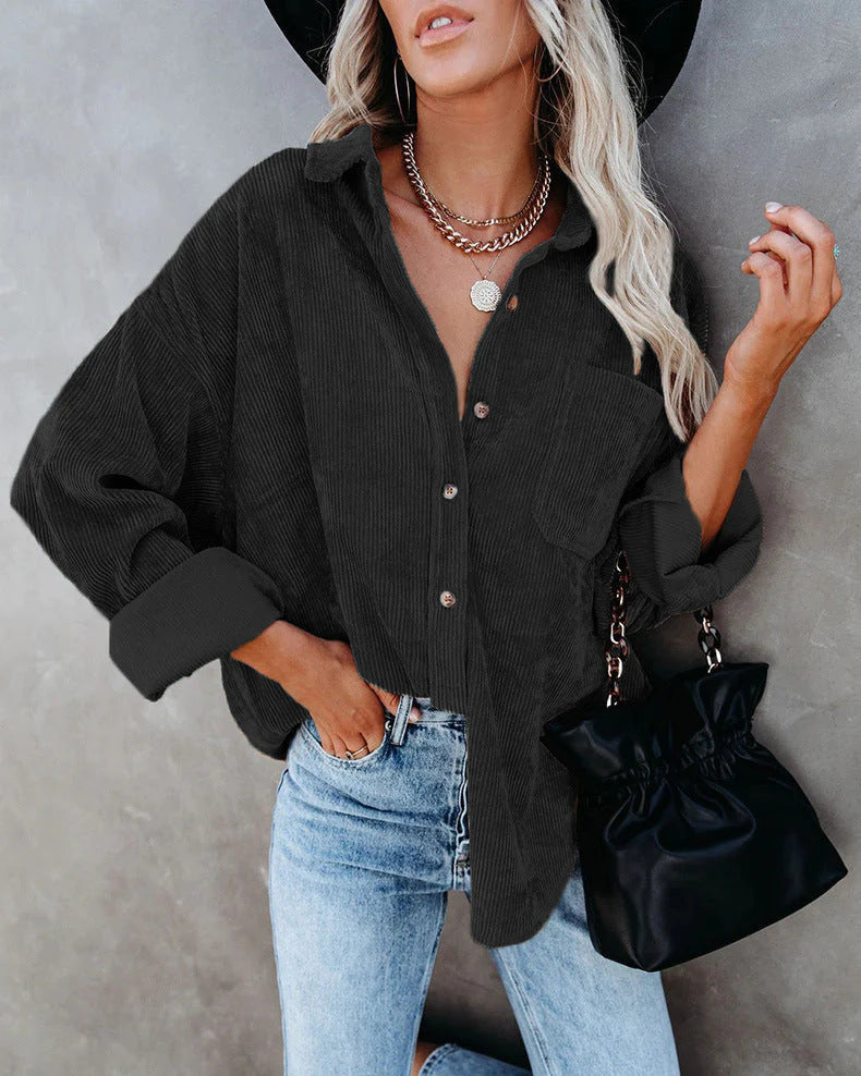 Ainsley Chemise Dame – Casual Vintage Skjorte i Blødt Kordfløjl med Brystlomme
