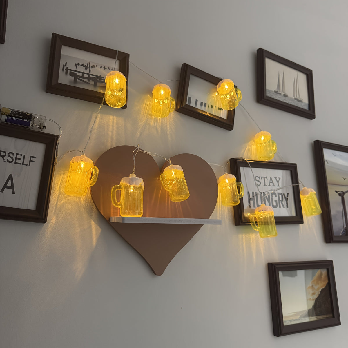 Oktoberfest Beer Mug String Lights - 20 Warm White LED Bulbs, Battery-Powered