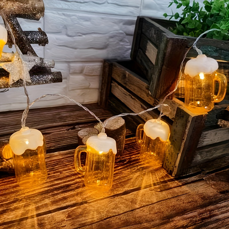 Oktoberfest Beer Mug String Lights - 20 Warm White LED Bulbs, Battery-Powered