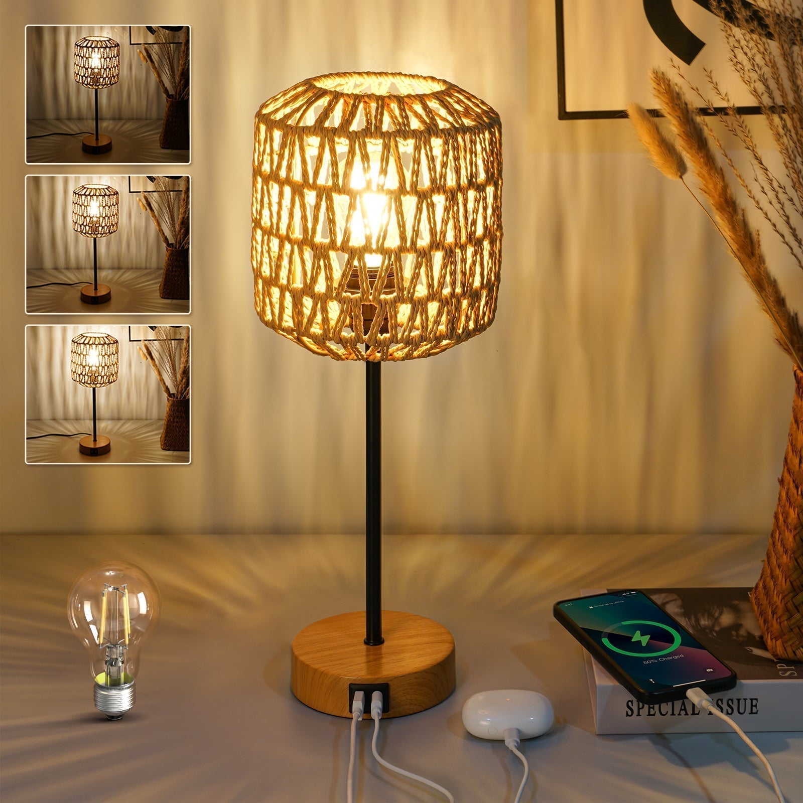 Bordlampe i Rattan med Berøringskontrol