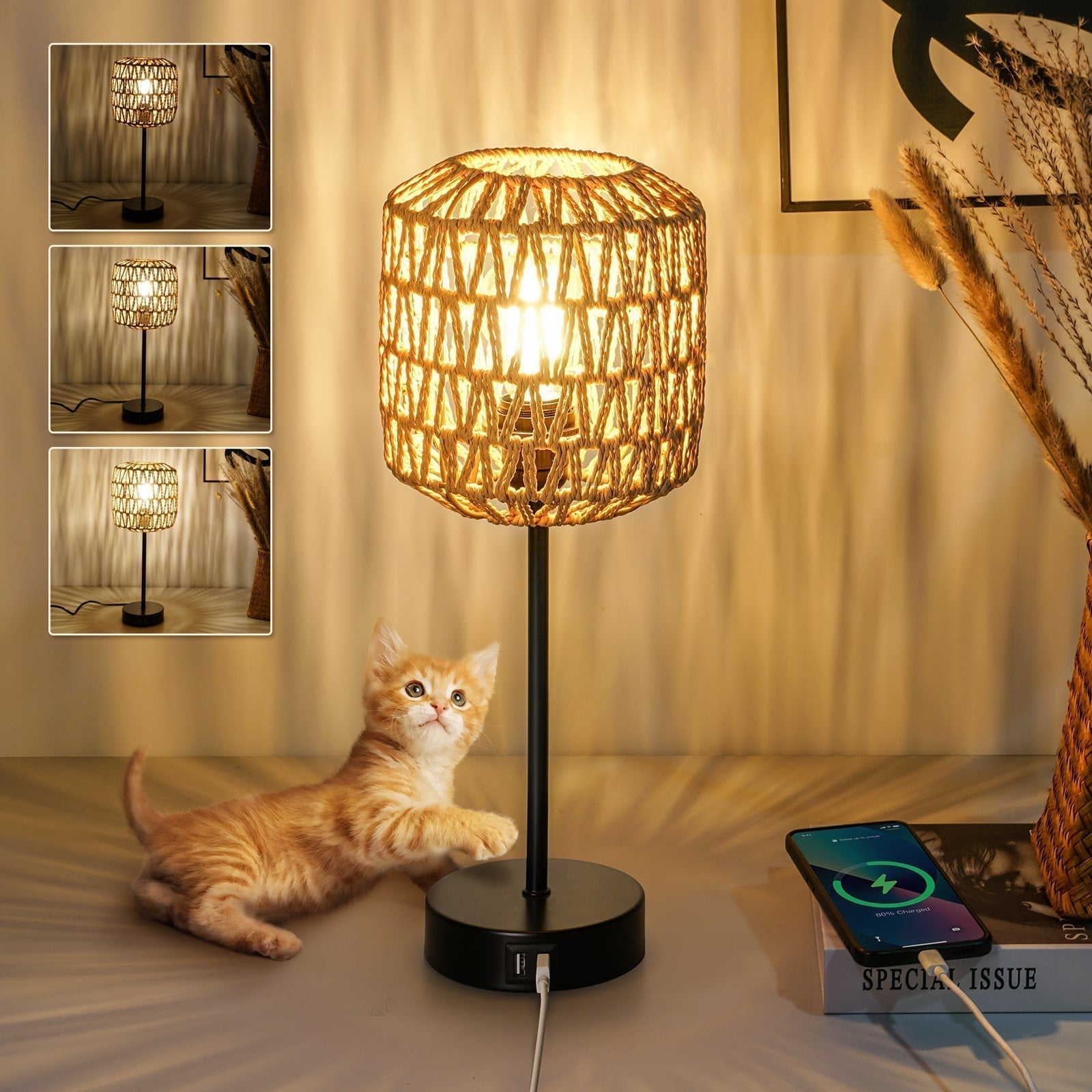 Bordlampe i Rattan med Berøringskontrol