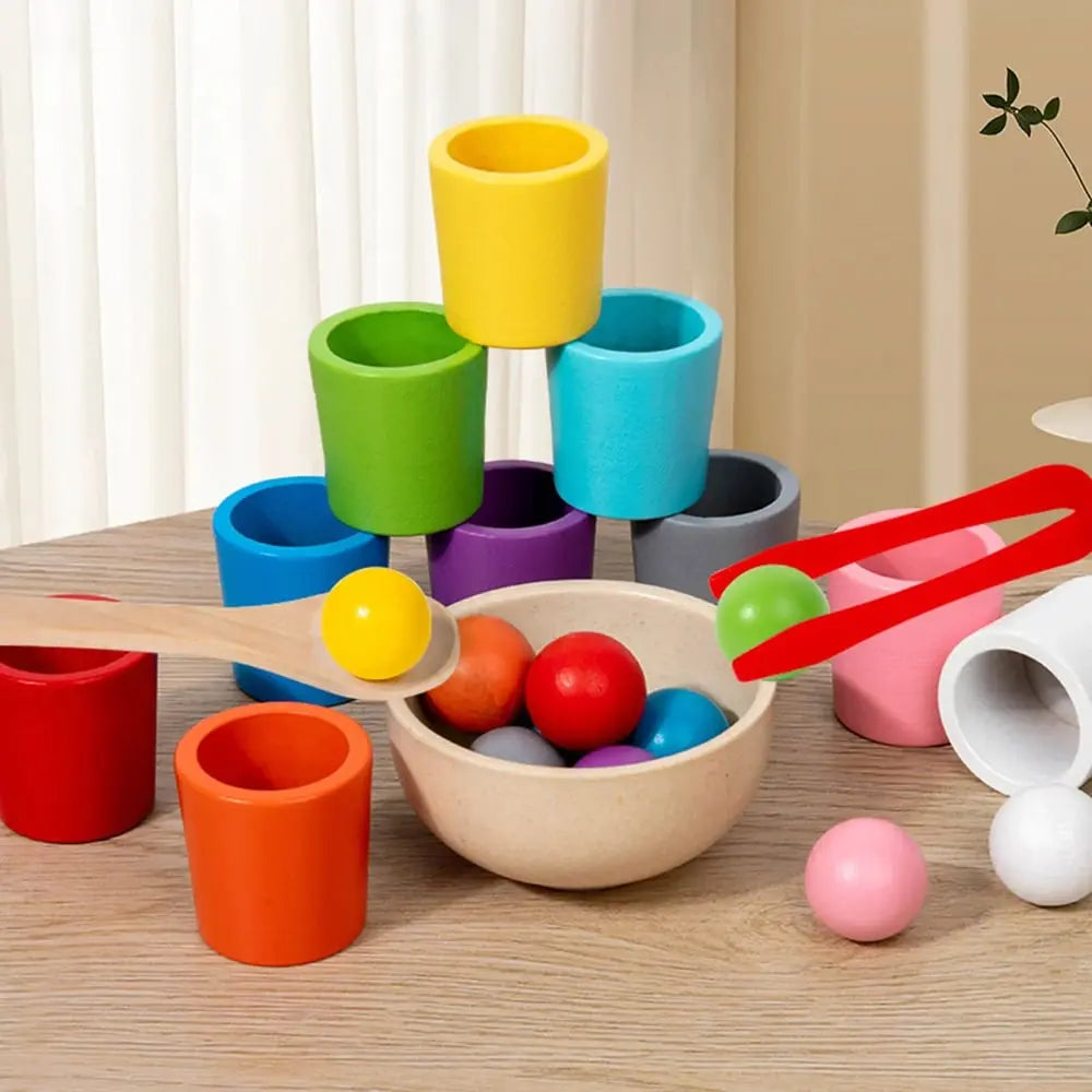 Børns Montessori Legesæt med Regnbuebolde og Kopper