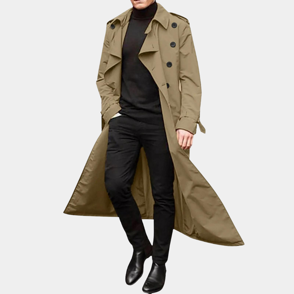 Laurence Trenchcoat Mand – Lang Vandtæt Frakke med Klassisk Snit & Elegant Stil