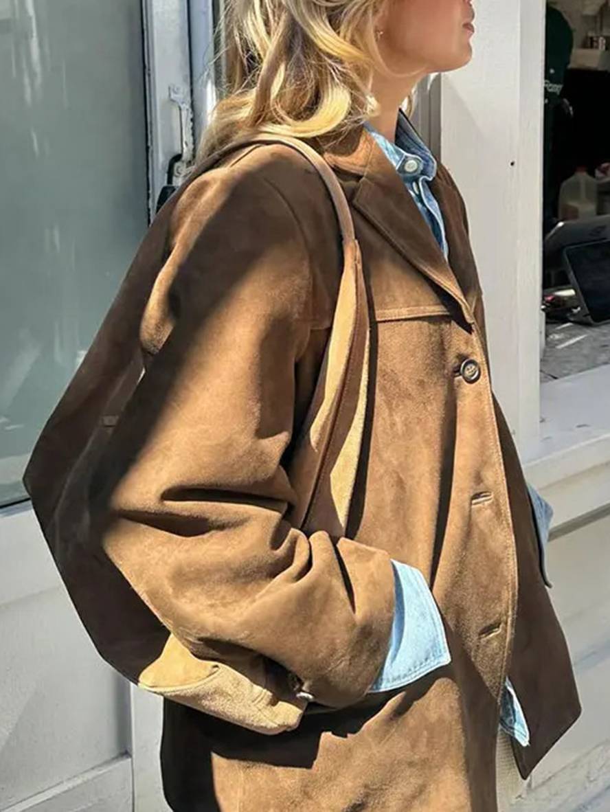 Chelsey Kvinders Suede Jakke Vintage – Løs Pasform, Elegant & Praktisk med Lommer