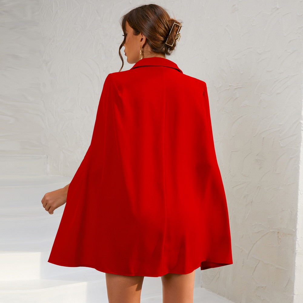 Cape Blazer Mini Kjole med Bælte og Guldknap Detalje