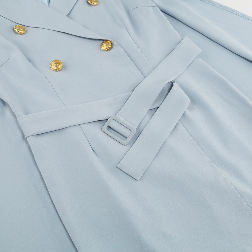 Cape Blazer Mini Kjole med Bælte og Guldknap Detalje