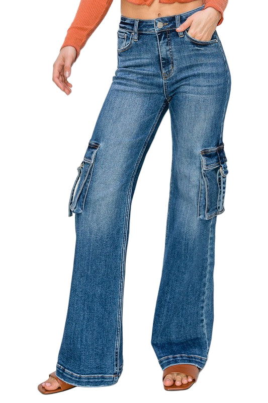 Kvinders Cargo Bukser Høj Talje Bred Ben Mørk Denim