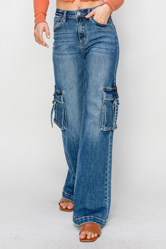 Kvinders Cargo Bukser Høj Talje Bred Ben Mørk Denim