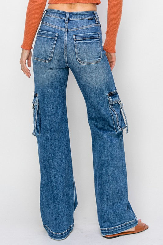 Kvinders Cargo Bukser Høj Talje Bred Ben Mørk Denim