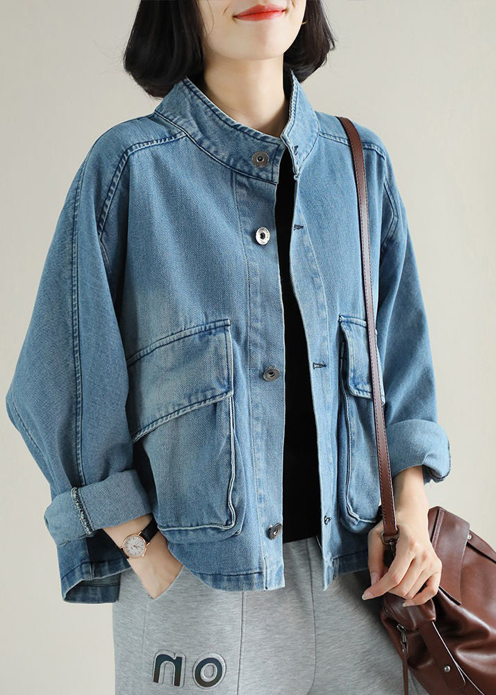 Kvinders Denim Frakke med Stand Krave og Store Lommer
