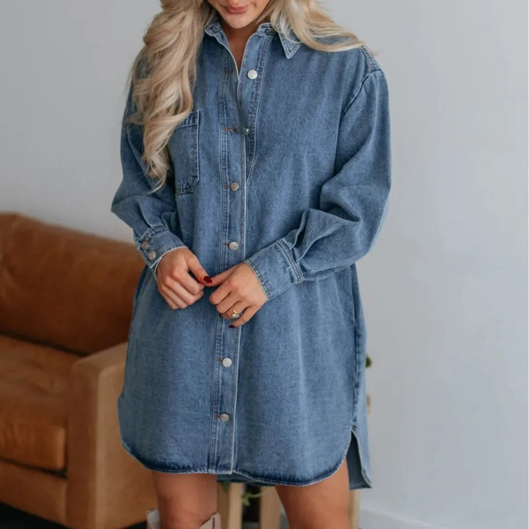Kvinders Shirt Kjole Denim Med Lange Ærmer