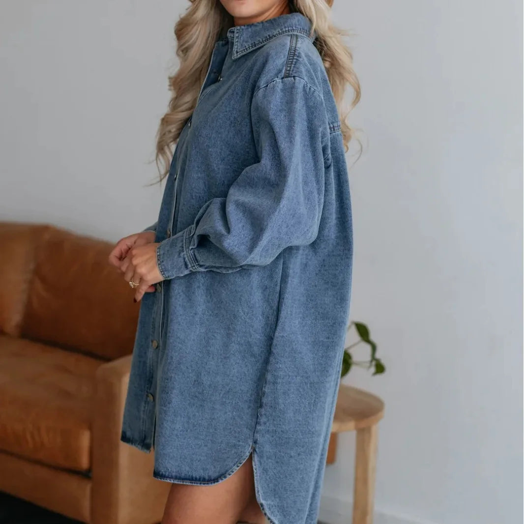 Kvinders Shirt Kjole Denim Med Lange Ærmer