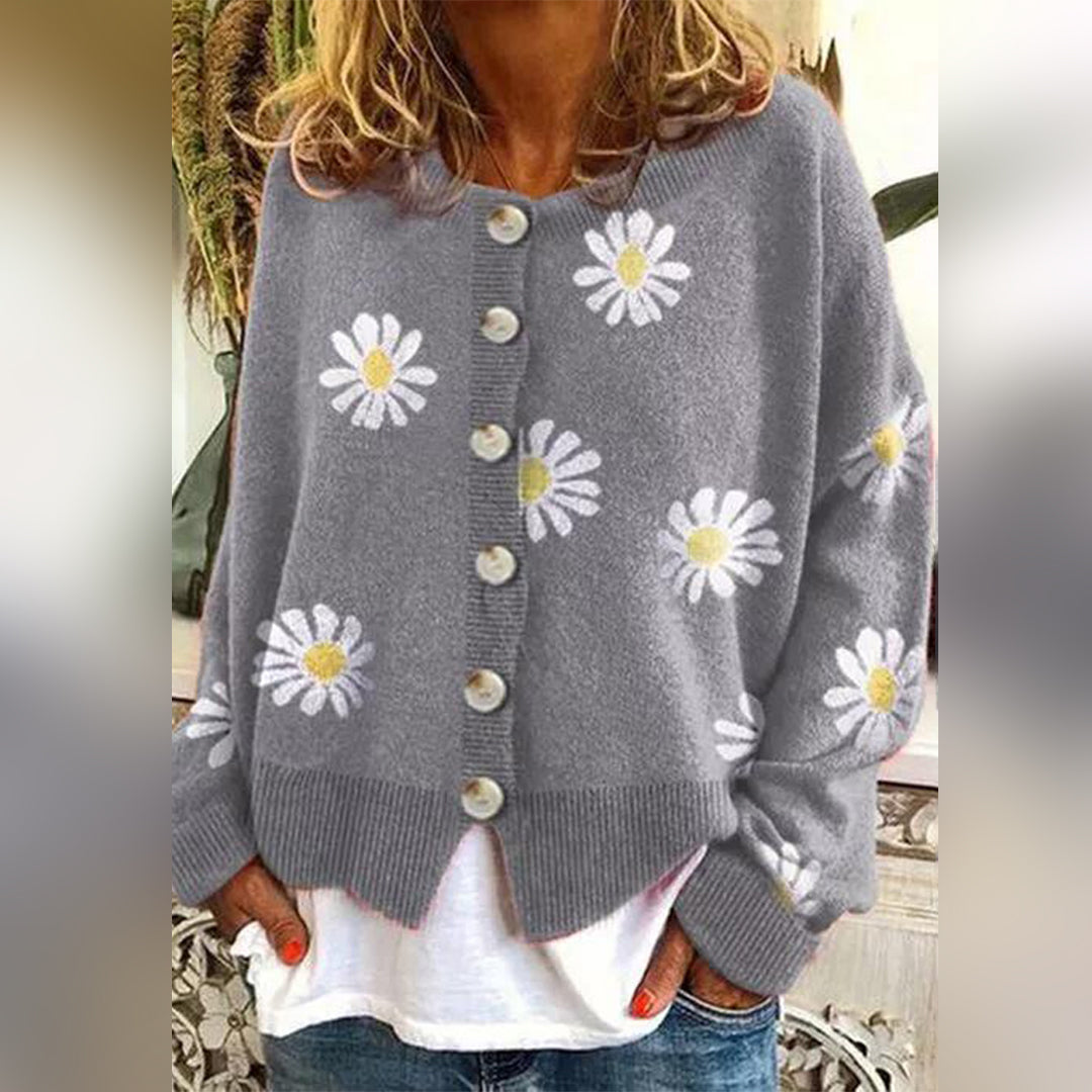 Kvinder Striktrøje med Blomstermønster og Knaplukning