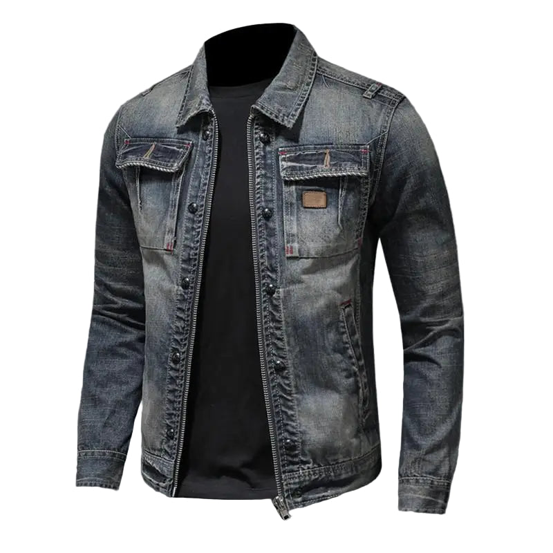 Herre Denimjakke Slim Fit med Lynlås og Ståkrave