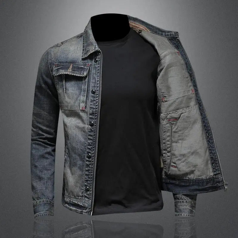 Herre Denimjakke Slim Fit med Lynlås og Ståkrave