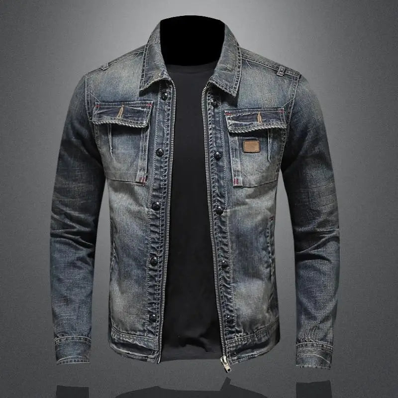 Herre Denimjakke Slim Fit med Lynlås og Ståkrave