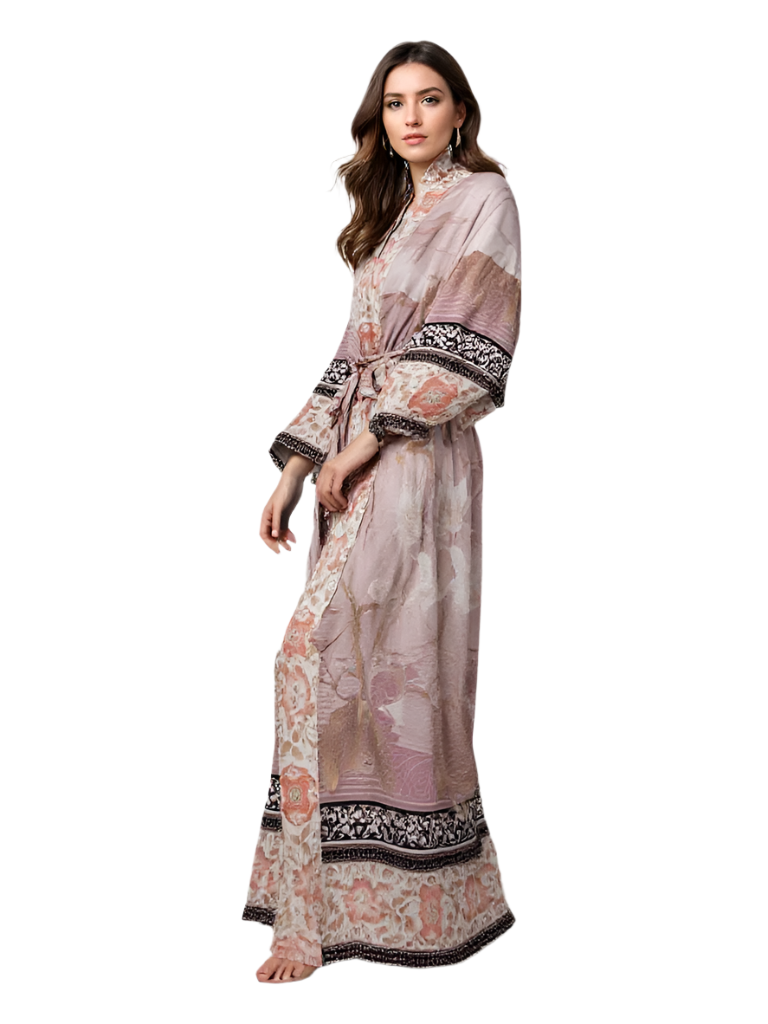 Damernes Lange Kimono Blomsterprint Blød Stof