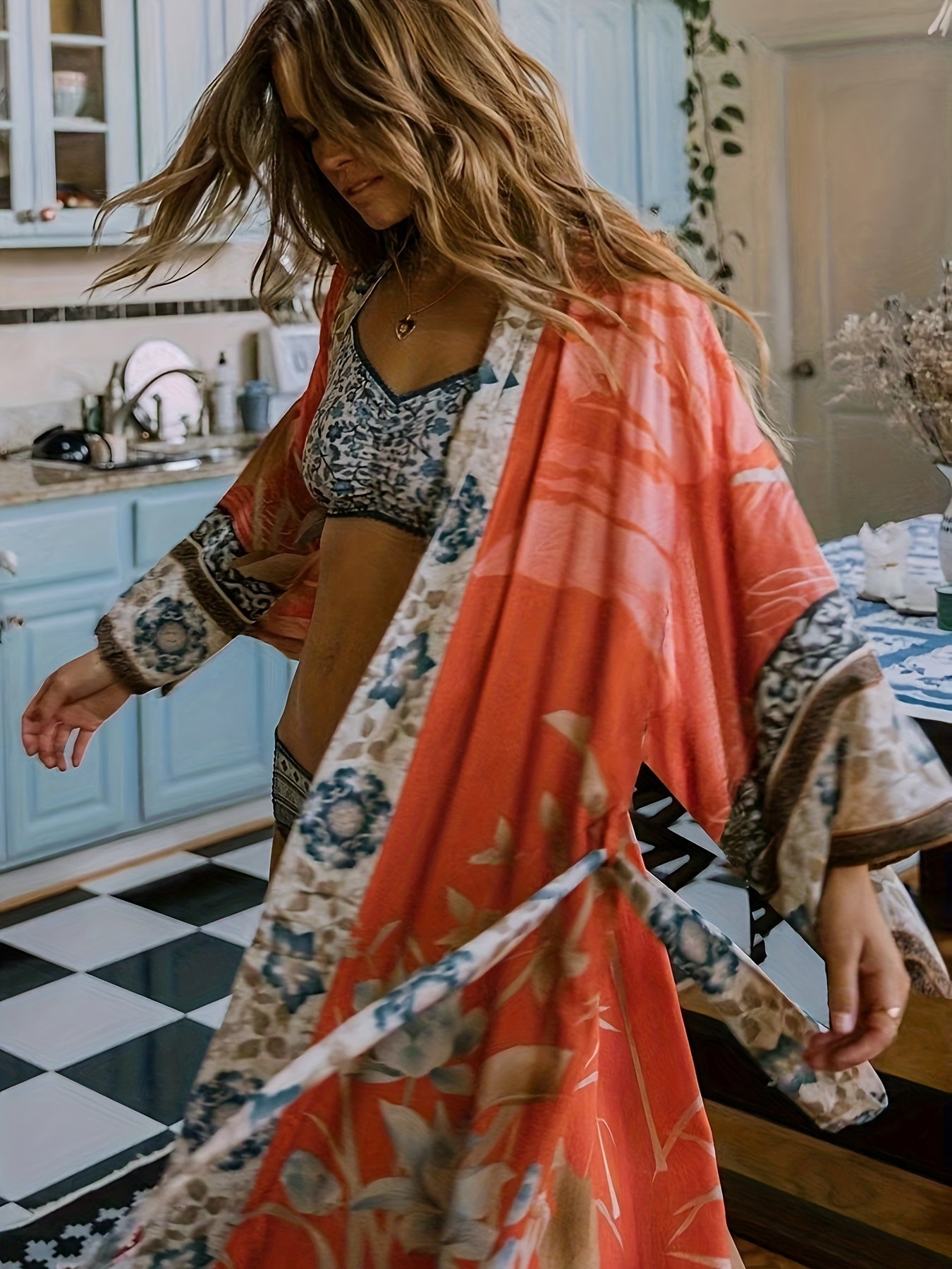 Damernes Lange Kimono Blomsterprint Blød Stof