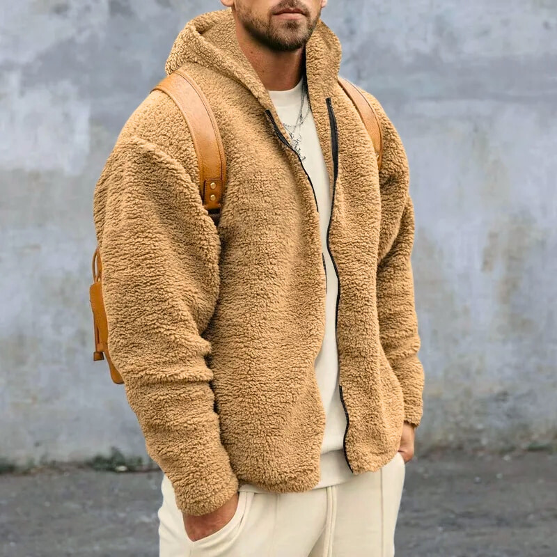 Lucio Herre Teddy Jakke – Varm Fleece med Hætte, Lynlås Lukning & Sikker Lommer