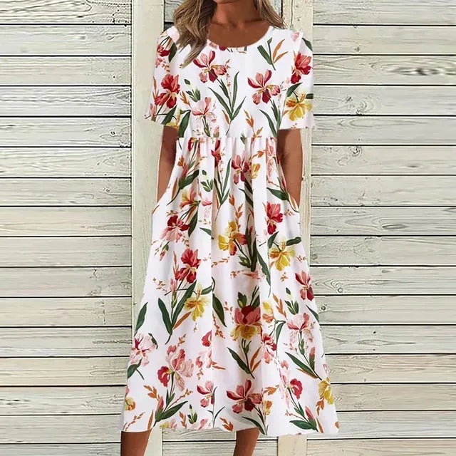 Midi Kjole med Blomsterprint og Lommer til Kvinder | Ideel til Sommer og Uformelle Udgange