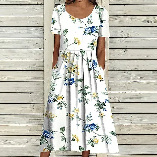 Midi Kjole med Blomsterprint og Lommer til Kvinder | Ideel til Sommer og Uformelle Udgange