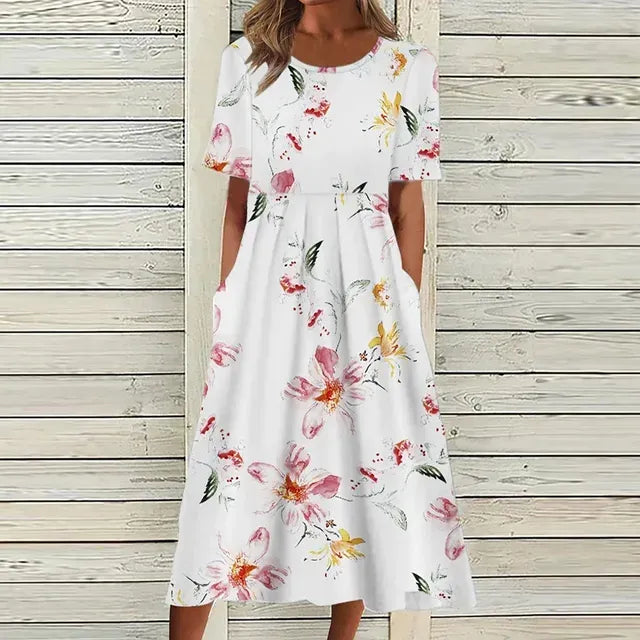 Midi Kjole med Blomsterprint og Lommer til Kvinder | Ideel til Sommer og Uformelle Udgange