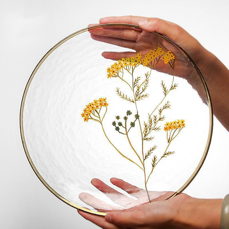 Dekorativ Glasplade med Blomsterdesign og Guldkant