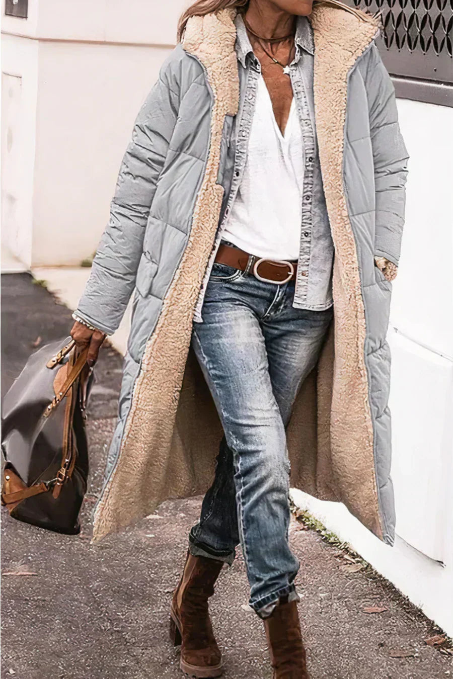 Camila Manteau Lang Quilted til Kvinder – Hue med kunstpels og fuld lynlås
