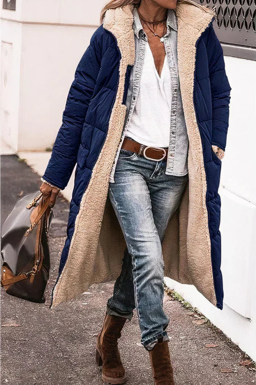 Camila Manteau Lang Quilted til Kvinder – Hue med kunstpels og fuld lynlås