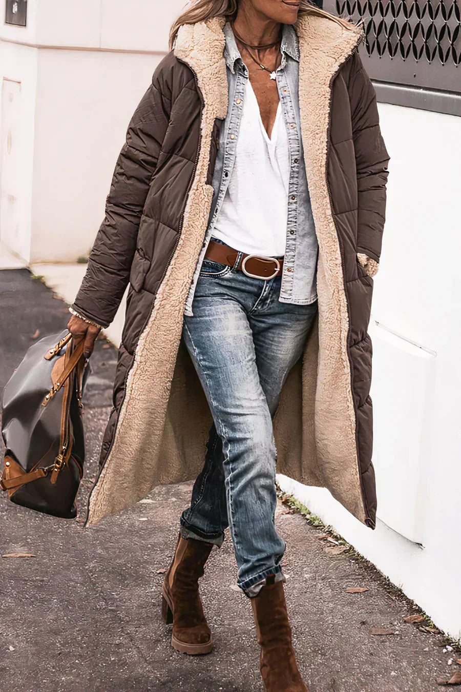 Camila Manteau Lang Quilted til Kvinder – Hue med kunstpels og fuld lynlås