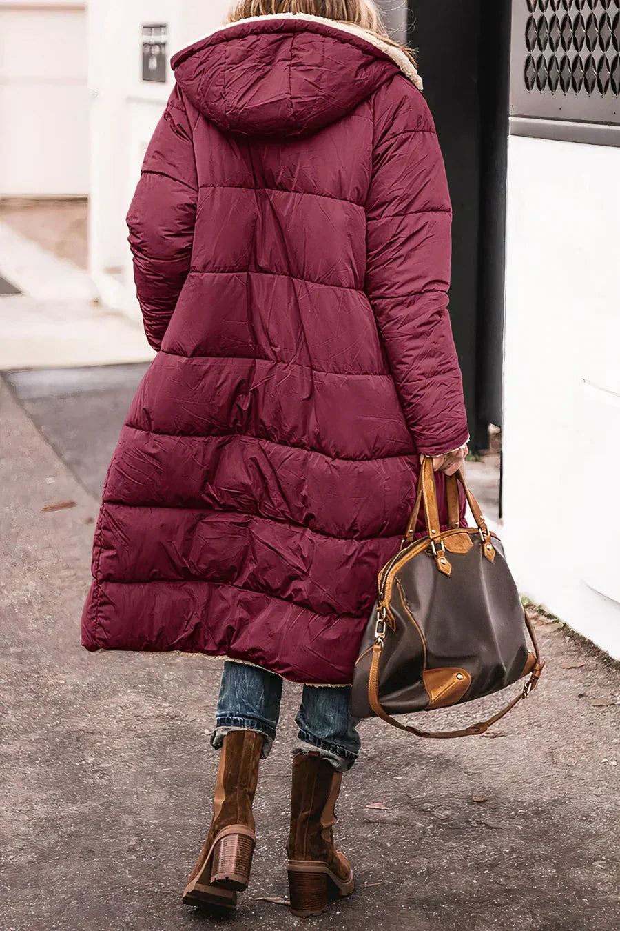 Camila Manteau Lang Quilted til Kvinder – Hue med kunstpels og fuld lynlås