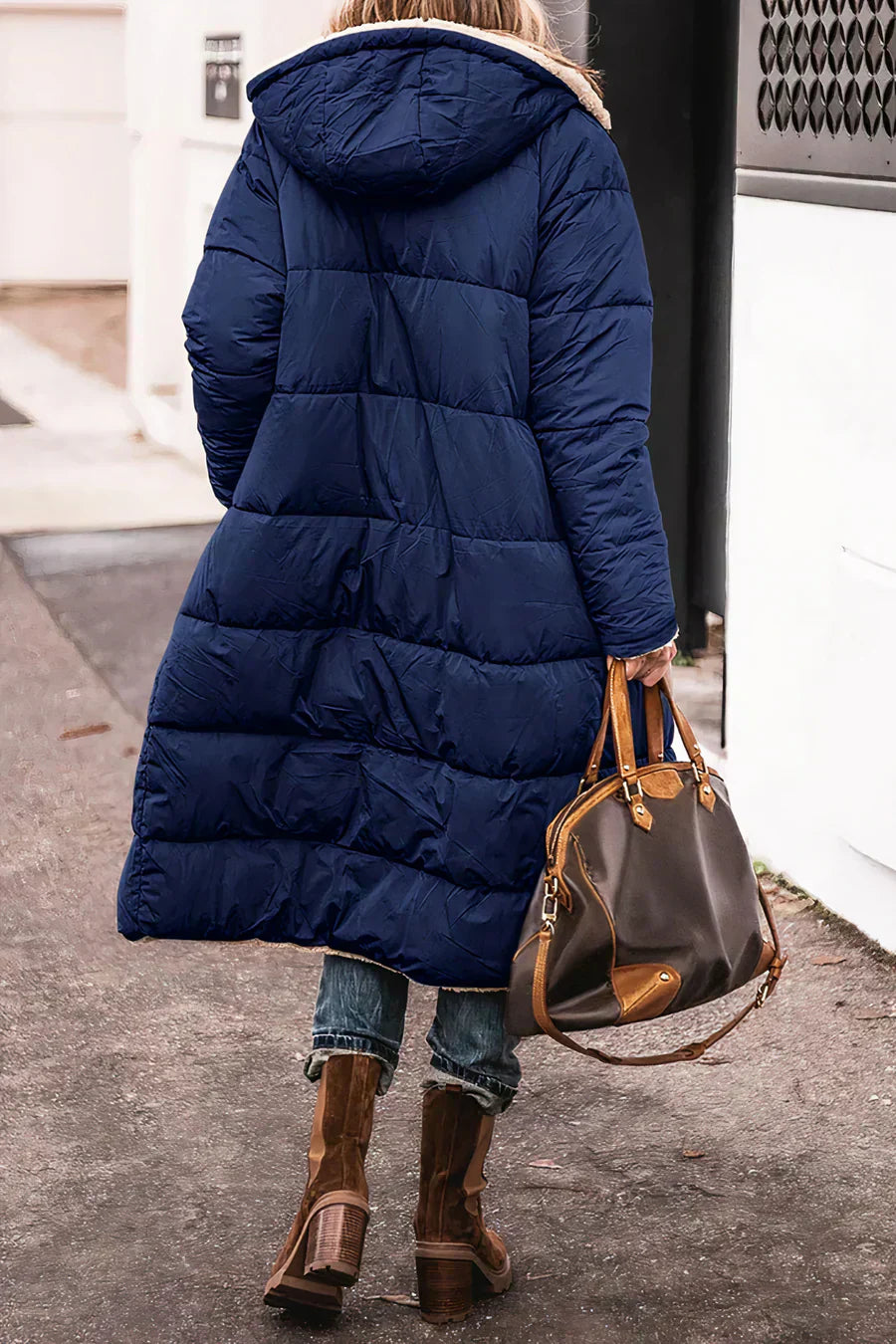 Camila Manteau Lang Quilted til Kvinder – Hue med kunstpels og fuld lynlås