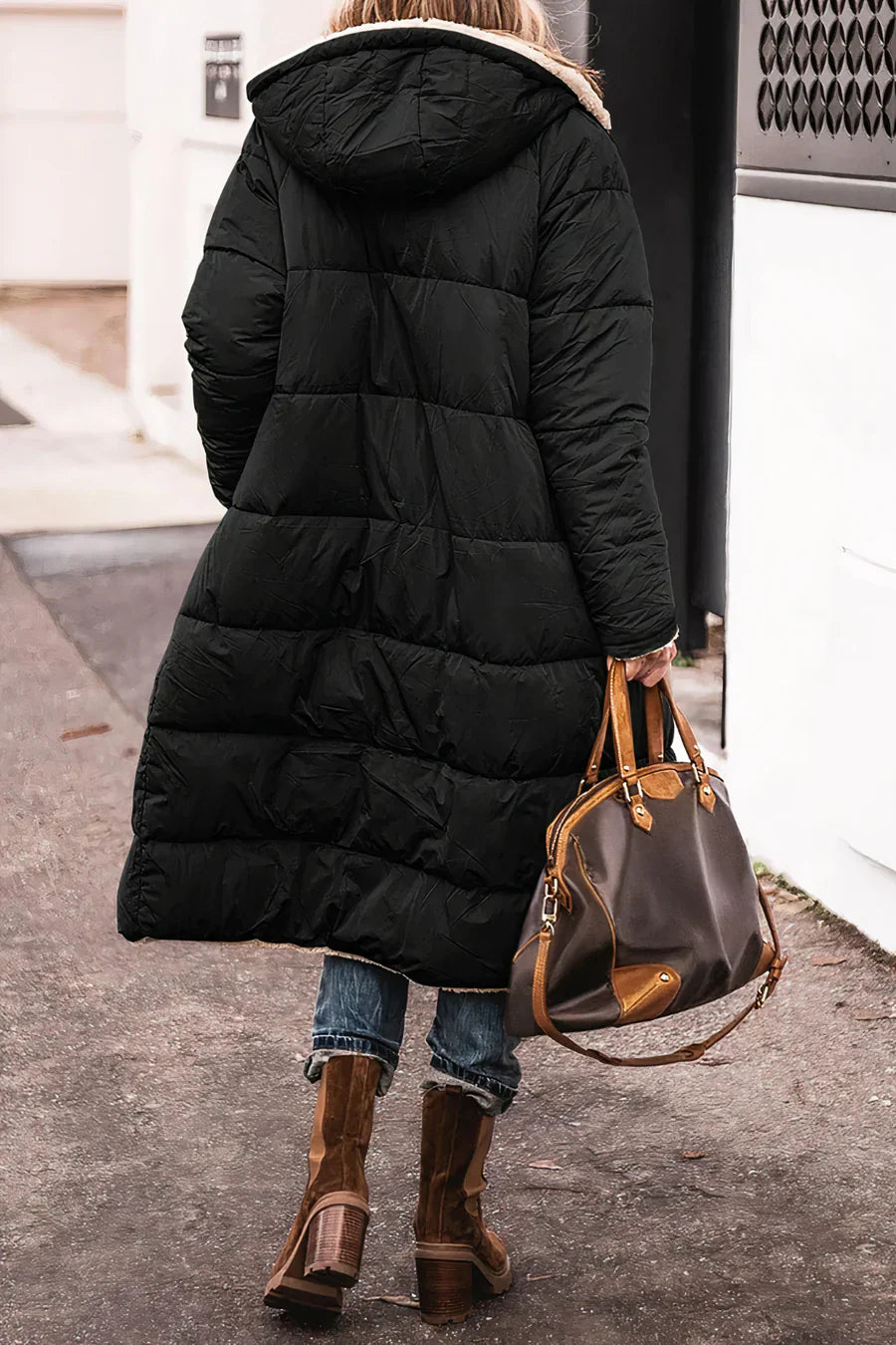 Camila Manteau Lang Quilted til Kvinder – Hue med kunstpels og fuld lynlås