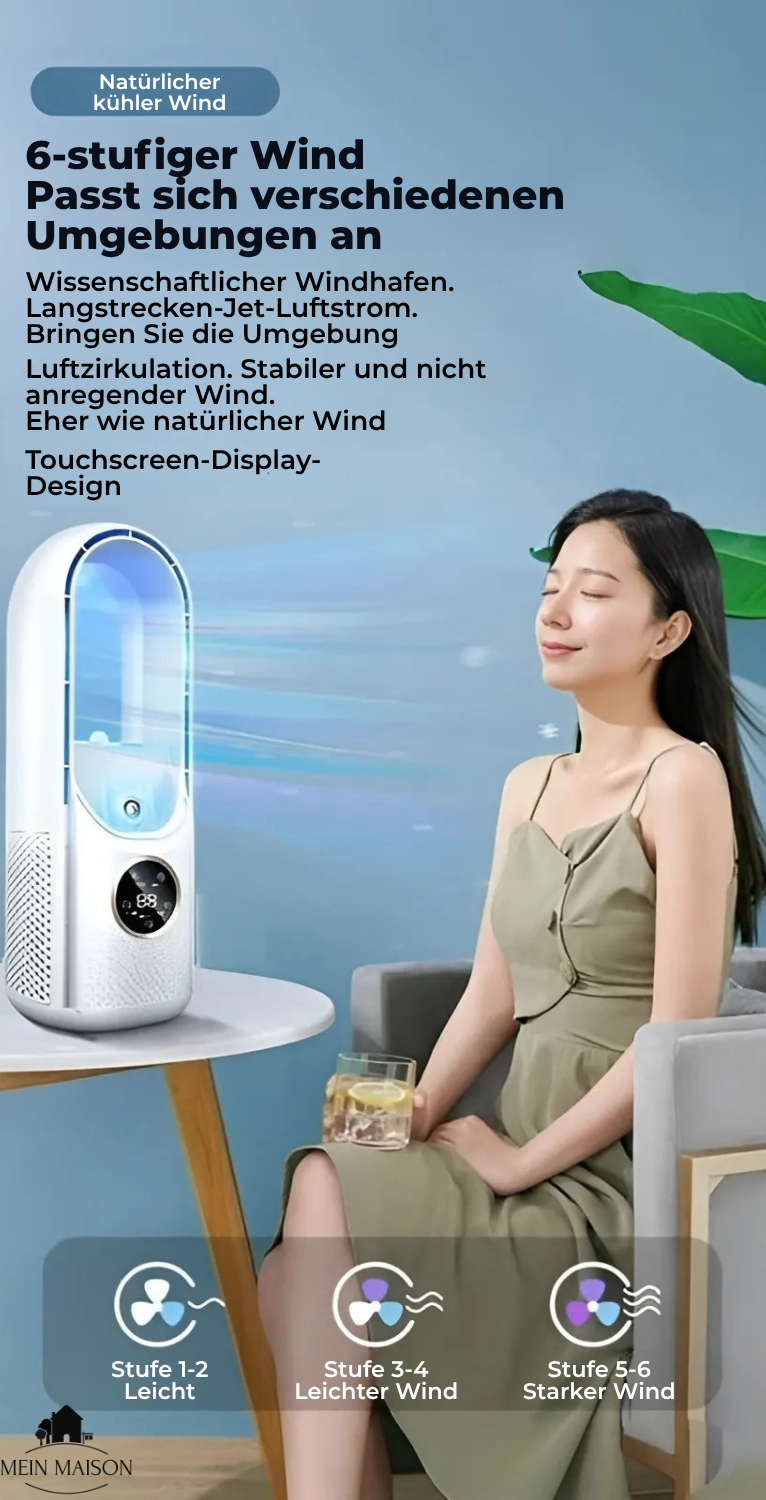 Airevo Luftkøler | Bladfri USB-Ventilator | 6 Trin | Stille & Med Timer | Luftfugtighed